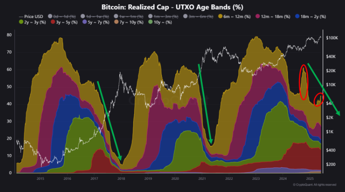 Gráfico que muestra la capitalización realizada de bitcoin por bandas de edad de UTXO.