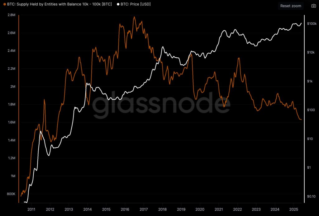 Gráfico que muestra que las grandes ballenas de bitcoin están vendiendo monedas.