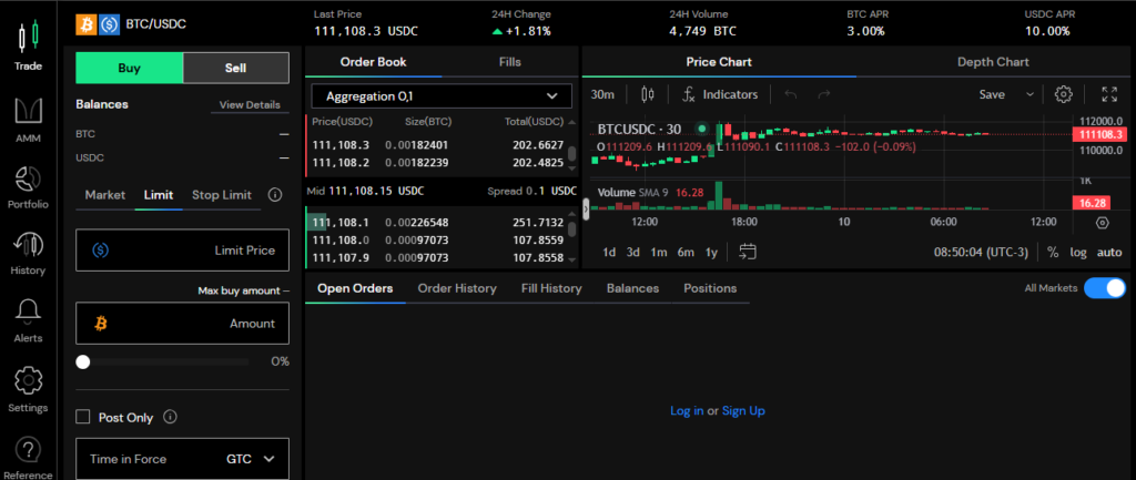Interfaz de trading de Bullish Exchange. Fuente: Bullish