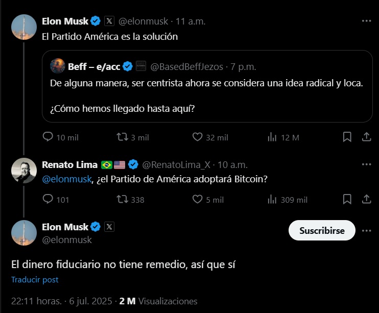 Imagen de la publicación de Musk en la que afirma que su partido apoyará a bitcoin.