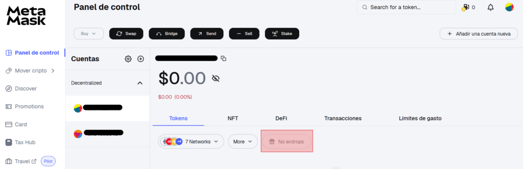 Interfaz de Portafolio de MetaMask.
