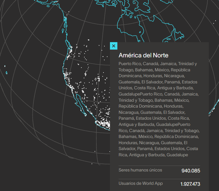 Mapa que muestra la cantidad de personas escaneadas por los orbes de Worldcoin en América del Norte.