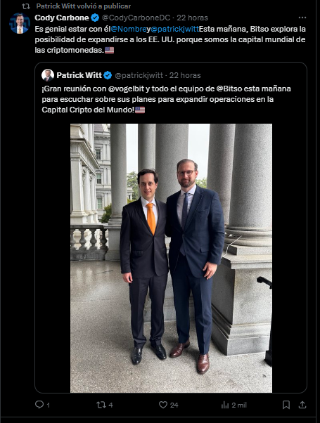 El CEO de Bitso Daniel Vogel junto a Patrick Witt del equipo de gobierno de Donald Trump.
