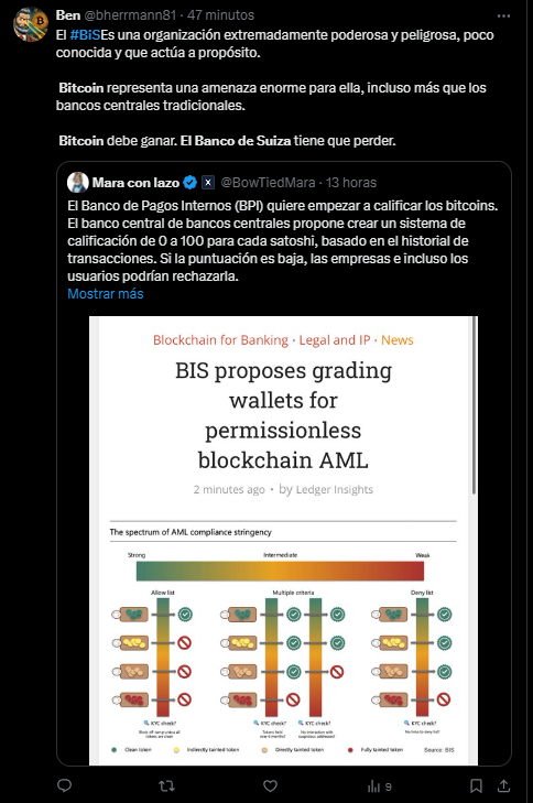 Un tuit de un miembro de la comunidad de bitcoin, calificandols la propuesta del BIS como extremadamente peligrosa para Bitcoin.