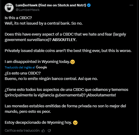 Un mensaje en X de un miembro de la comunidad de las criptomonedas, quien ve la stablecoin de Wyoming como una CBDC.