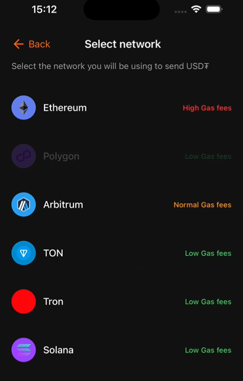 Vista del listado de monedas que acepta la wallet de Tether desde su interfaz