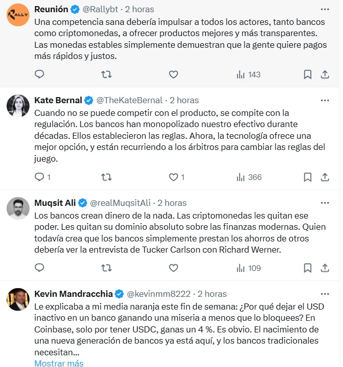 comentarios en el post de Brian Armstrong la presión que los bancos ejercen para prohibir las recompensas con stablecoins