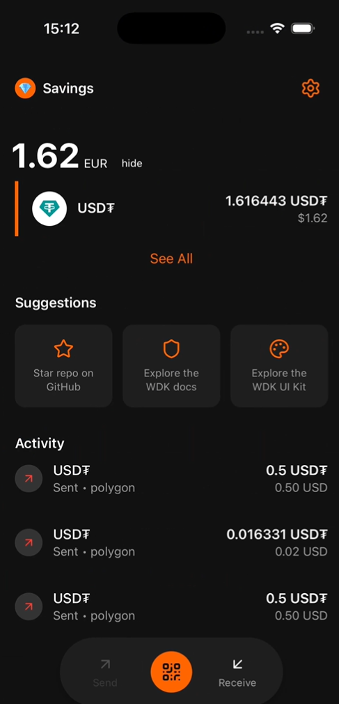 Interfaz del ka wallet de Tether, creada con WDK