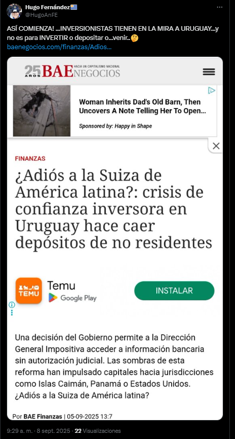Un tuit de una persona que expone preocupación por los cambios fiscales de Uruguay.