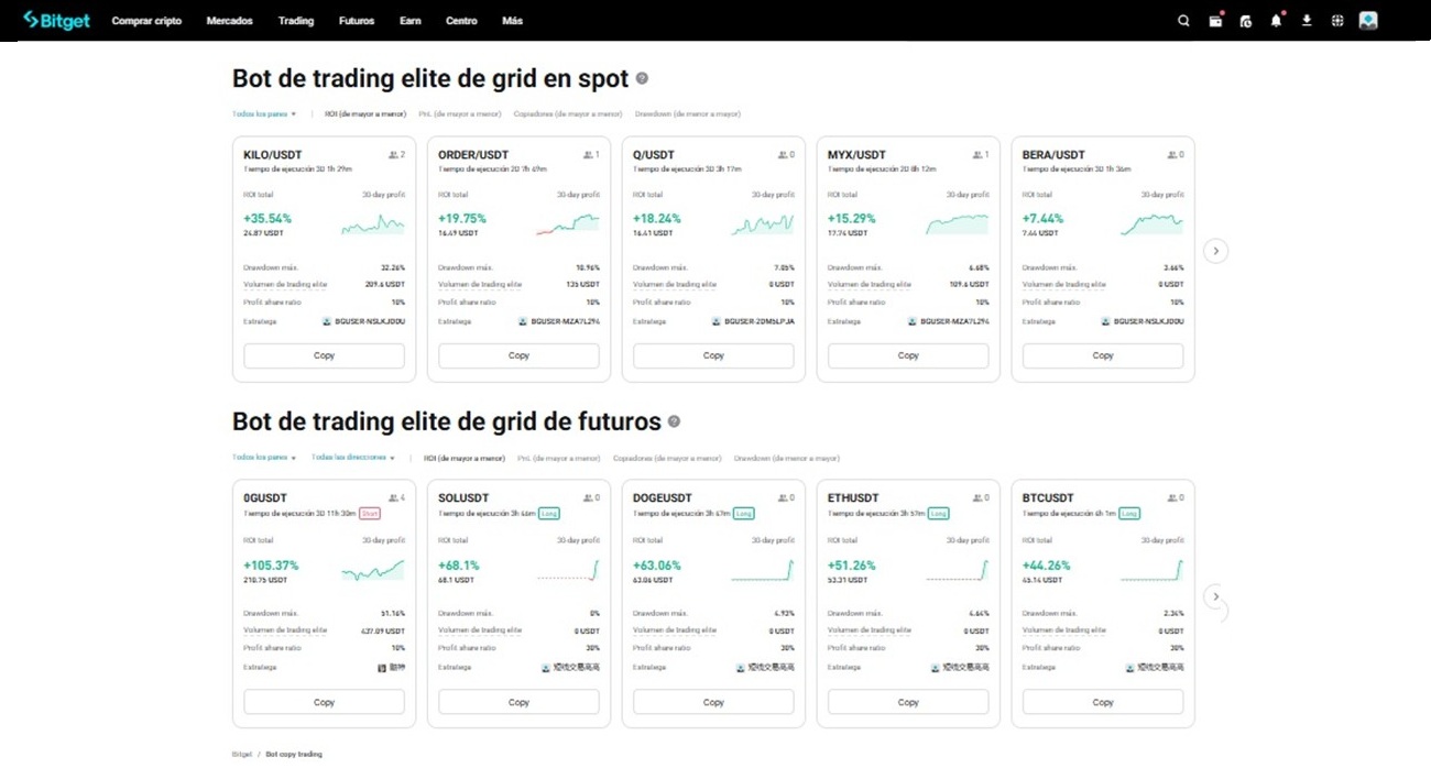 Captura de pantalla con los tipos de bots de trading de Bitget.