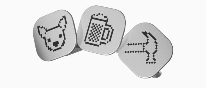 Insignias de un perro, una cerveza y un martillo que se pueden comprar para la Ledger Nano™ Gen5.