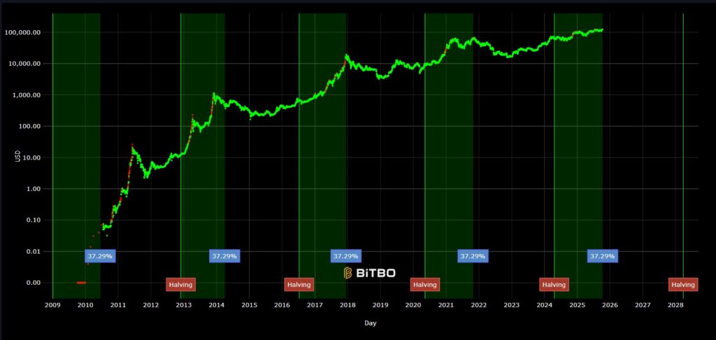 Gráfico con líneas verdes que representan el precio de bitcoin y los ciclos del halving a lo largo del tiempo.
