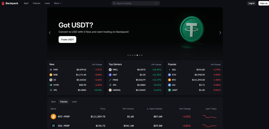 Captura de pantalla del home de Backpack.