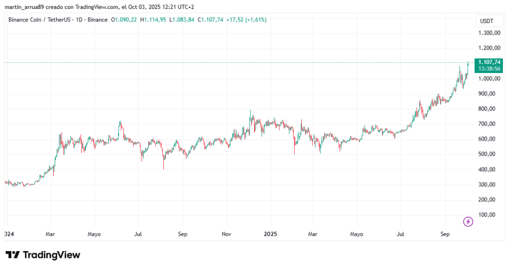 Gráfico de precios de velas de la criptomoneda BNB.