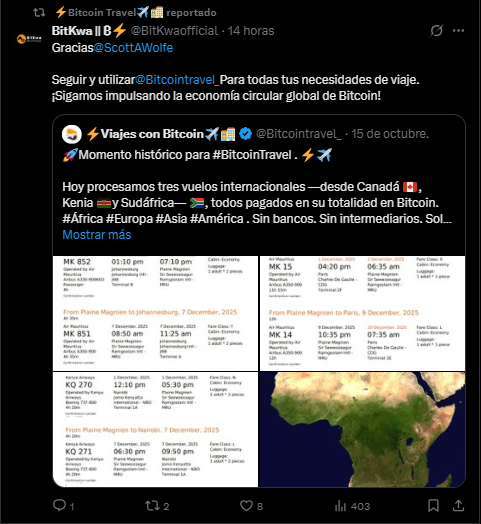 Un mensaje en X muestra boletos aéreos pagados con bitcoin a través de Bitcoin Travel.