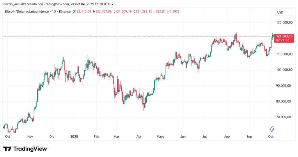 Gráfico de velas de precio de bitcoin en el último año.