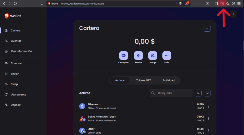 Interfaz de la wallet Brave en tonos oscuros, con un saldo de 0 dólares y opciones para enviar y recibir activos digitales.