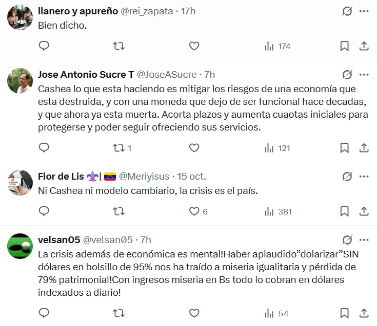 Debate de venezolanos sobre las medidas de Cashea en X.