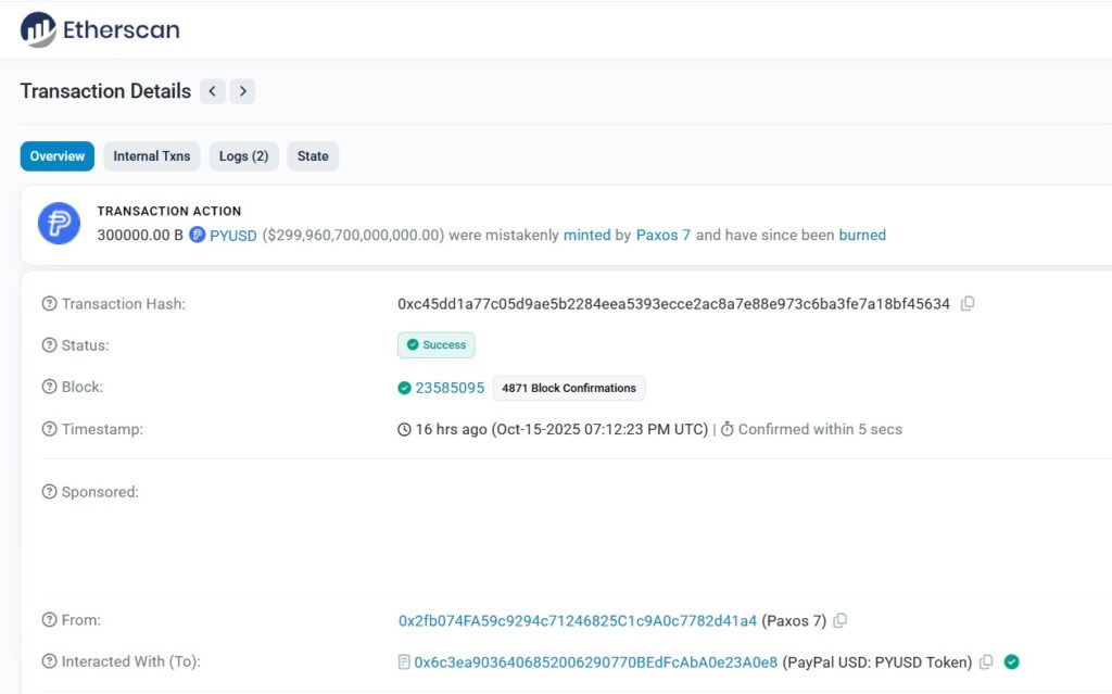 Captura de pantalla de los detalles de la transacción que emitió billones de PYUSD por error.