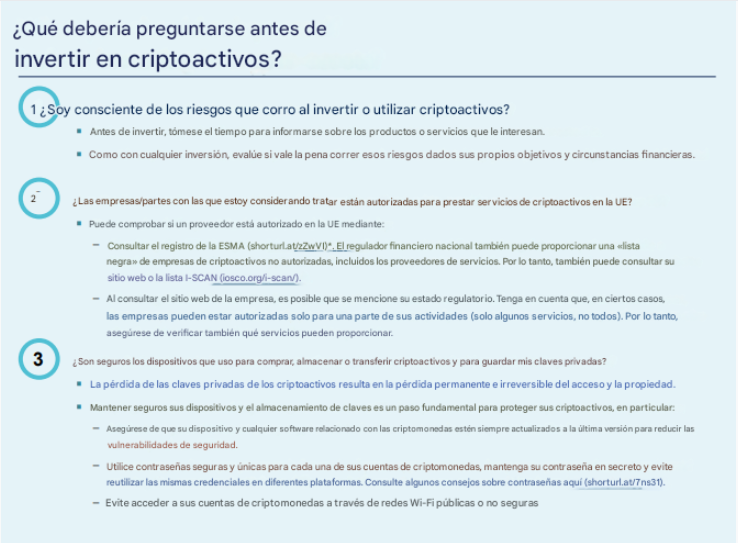 Una lista de recomendaciones de las autoridades europeas para los inversores en criptomonedas.