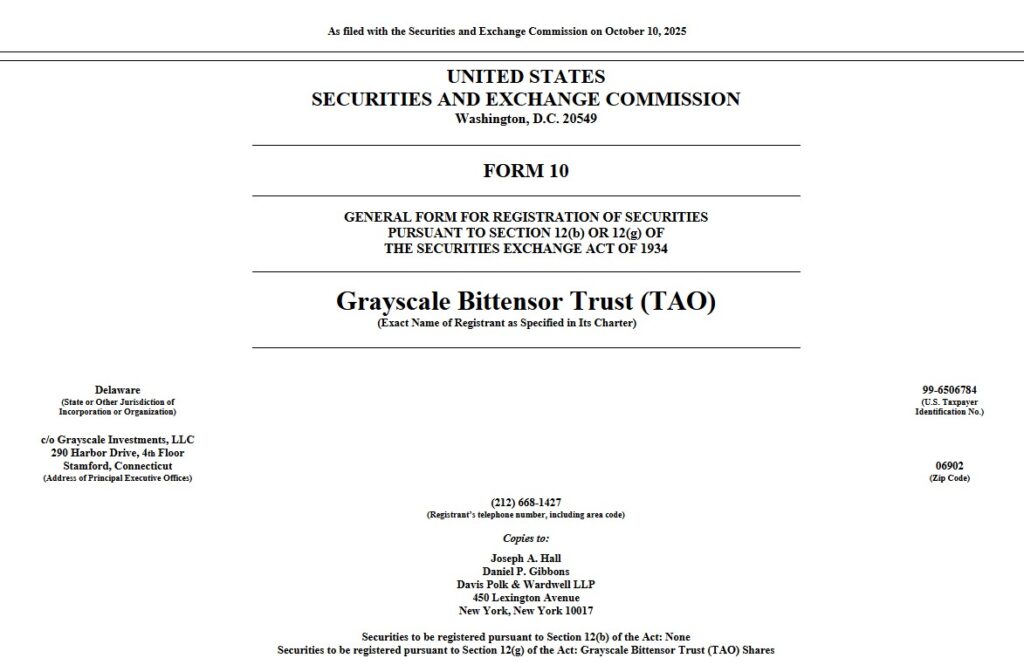 Primera página del formulario S-10 que busca la aprobación para que Bittensor Trust presente informes periódicos detallados ante la SEC.