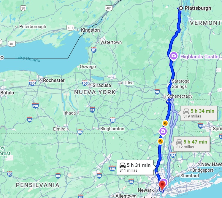 Distancia entre plattsburgh y la ciudad de nueva york.
