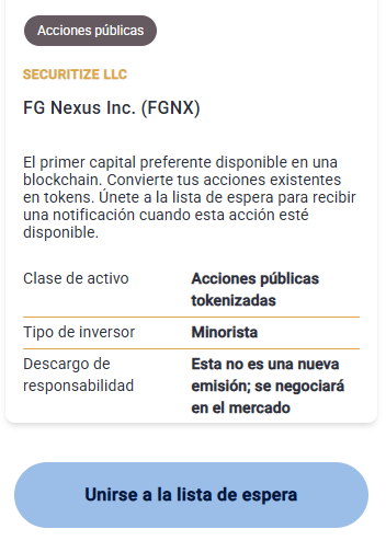Un texto que describe las características de la acción tokenizada de FG Nexus. El fondo de la imagen es de color blanco y las letras negras.