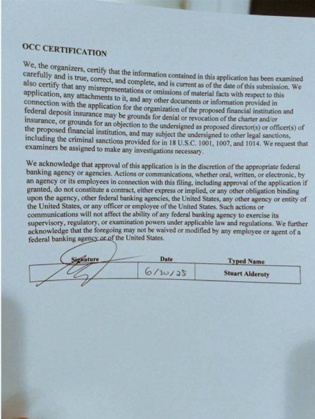 Carta en la que solicitan la apertura de un banco de Ripple ante la OCC.