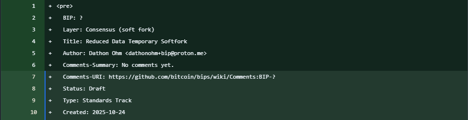 Una imagen con datos de una propuesta de mejora de Bitcoin con texto en blanco sobre un fondo verde.