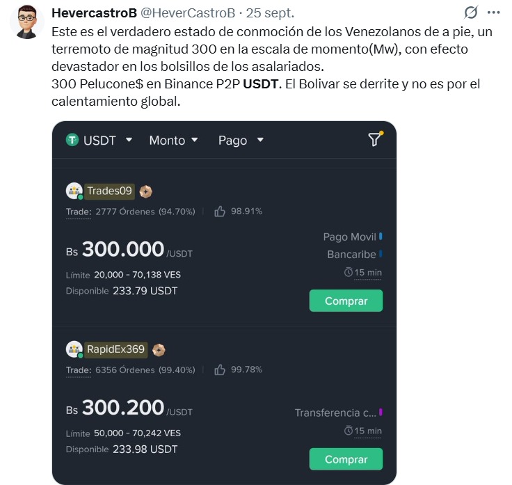 comentario sobre el aumento del par USDT/bolívar en Binance.