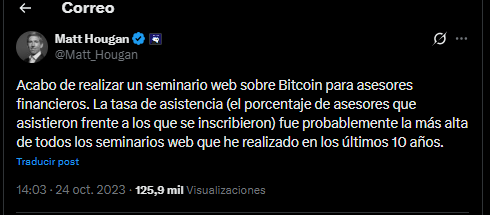 Un mensaje en X de Matt Hougan, director de inversiones de Bitwise sobre el elevado interés de asesores financieros sobre bitcoin.