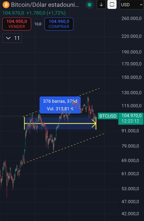 Gráfico técnico del precio de bitcoin representado en velas verdes y rojas, junto a indicadores de tendencia en barras amarillas.
