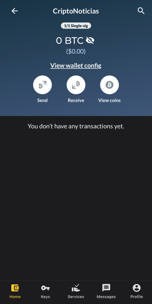Interfaz de la aplicación digital financiera Nunchuk