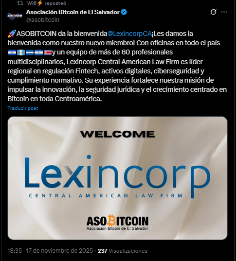 Un mensaje en x de AsoBitcoin en el que da la bienvenida a LexincorpCA. Una empresa centroamericana que llega a El Salvador.