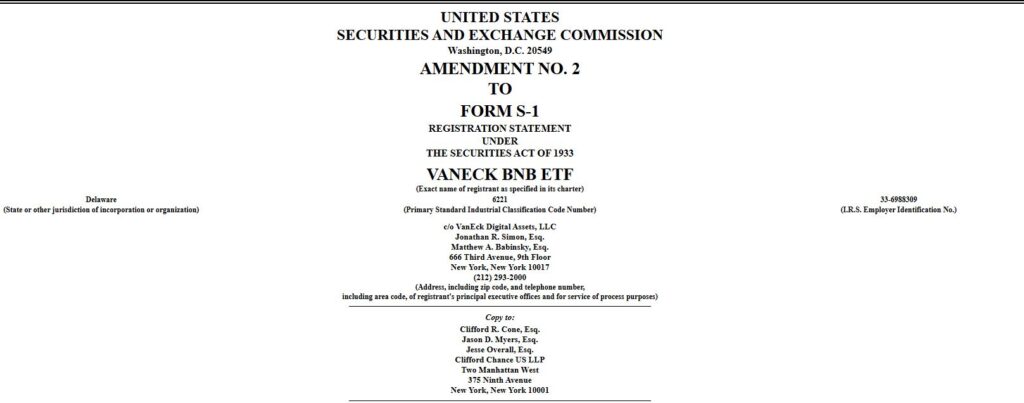 Presentación de VanEck ante la Comisión de Bolsa y Valores para lanzar al mercado un ETF de BNB.