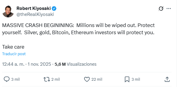 Publicación en X de Kiyosaki donde comunica que esté "crash" está comenzando.
