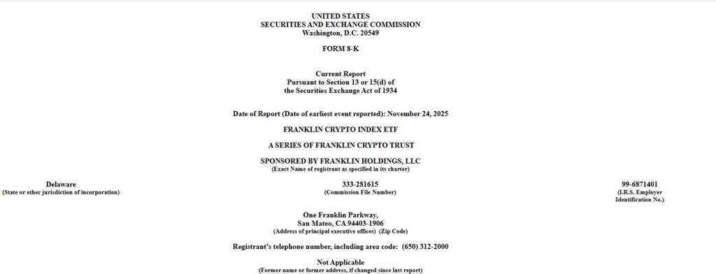 Presentación de Franklin Templeton  ante la Comisión de Bolsa y Valores para lanzar al mercado un ETF combinado de activos digitales.