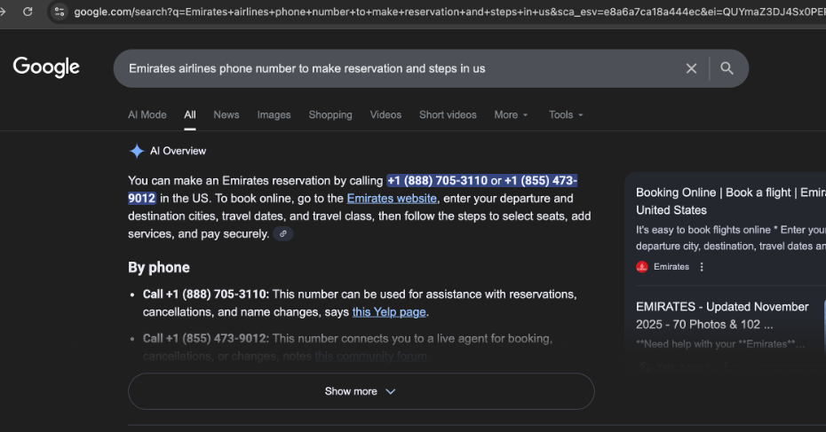 Interfaz de una búsqueda de Google sobre teléfonos de aerolíneas aéreas.