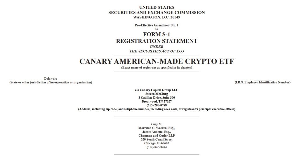 Formulario S-1 presentado ante la SEC por el fondo "Canary American-Made Crypto ETF, registrado en Delaware, gestionado por Canary Capital.