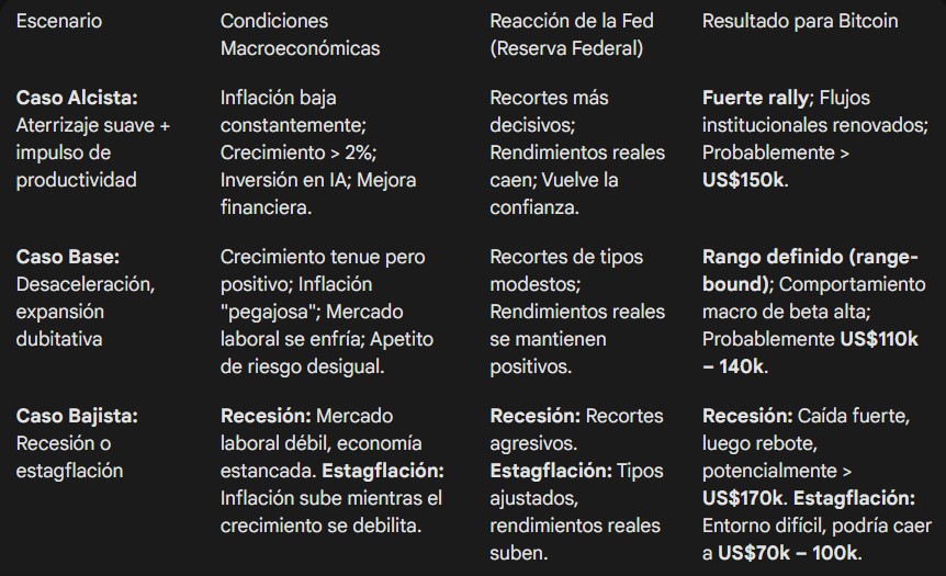 Tabla con escenarios e implicaciones para bitcoin en 2026.