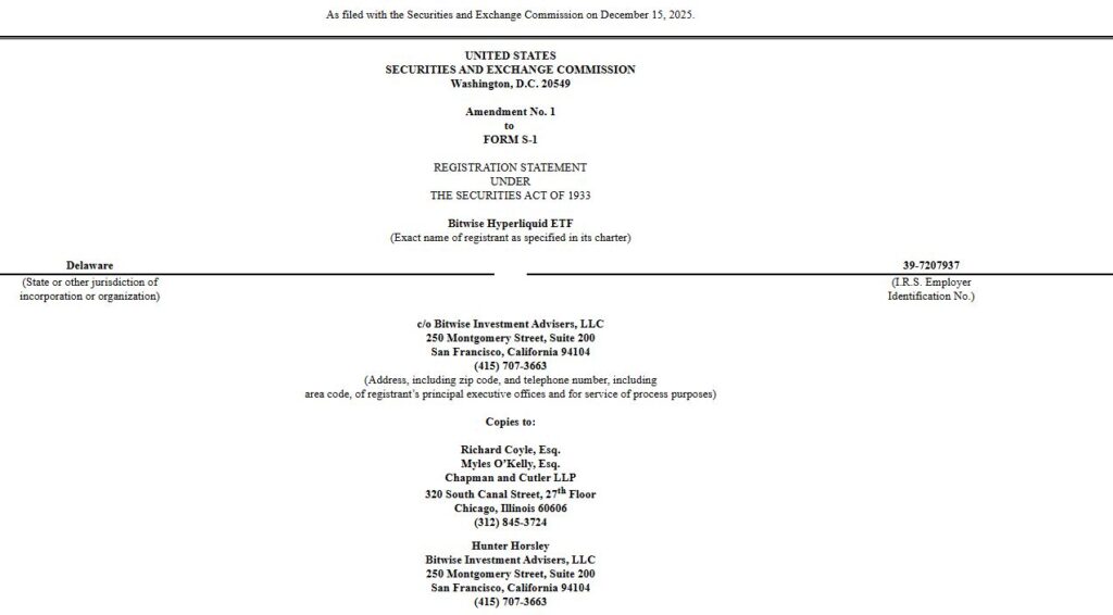 Solicitud presentada por la firma Bitwise para lanzar un fondo cotizado en bolsa (ETF) basado en hyperliquid.