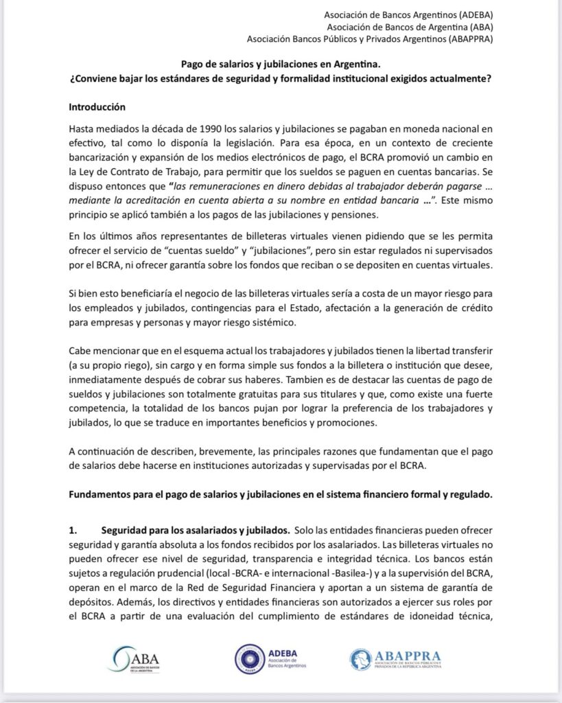 Documento de los bancos contra las billeteras virtuales para tener exclusividad para cobrar salarios y jubilaciones.