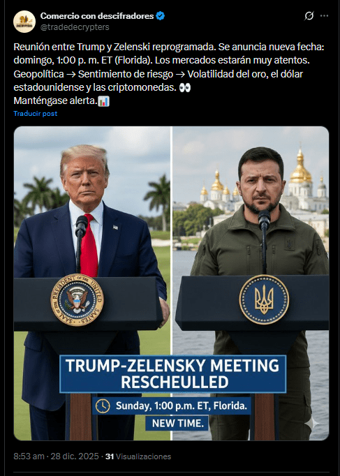 Trump y Zelensky frente a un podio en reflejo a la reunión que ambos sostienen este 28 de diciembre de 2025.