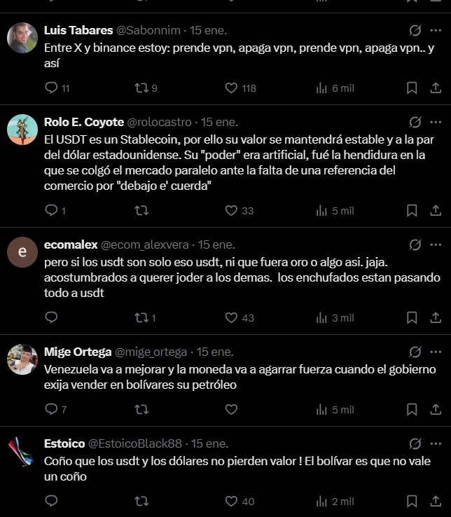 Captura de pantalla de posts en redes sociales sobre USDT.