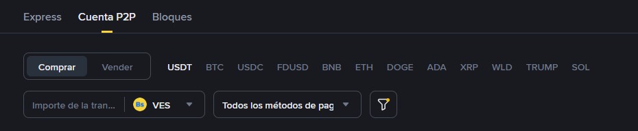 Captura de pantalla de la plataforma P2P de Binance.