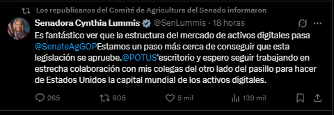 Un tuit de la senadora Cynthia Lummis aplaudiendo el avance de la ley de bitcoin y criptomonedas en Estados Unidos.