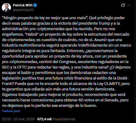 Un tuit de Patrick Witt quien es del equipo asesor sobre política de criptomonedas de Trump.