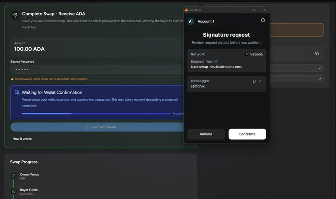 Captura de pantalla de proceso de realizar un atomic swap entre ADA y ETH.
