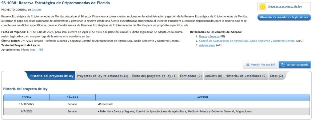 Captura de pantalla de la información del proyecto de ley para crear una reserva de bitcoin.