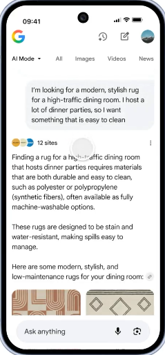 Interfaz de la pantalla de un movil de una persona usando el nuevo protocolo de Google con IA para comprar productos online.